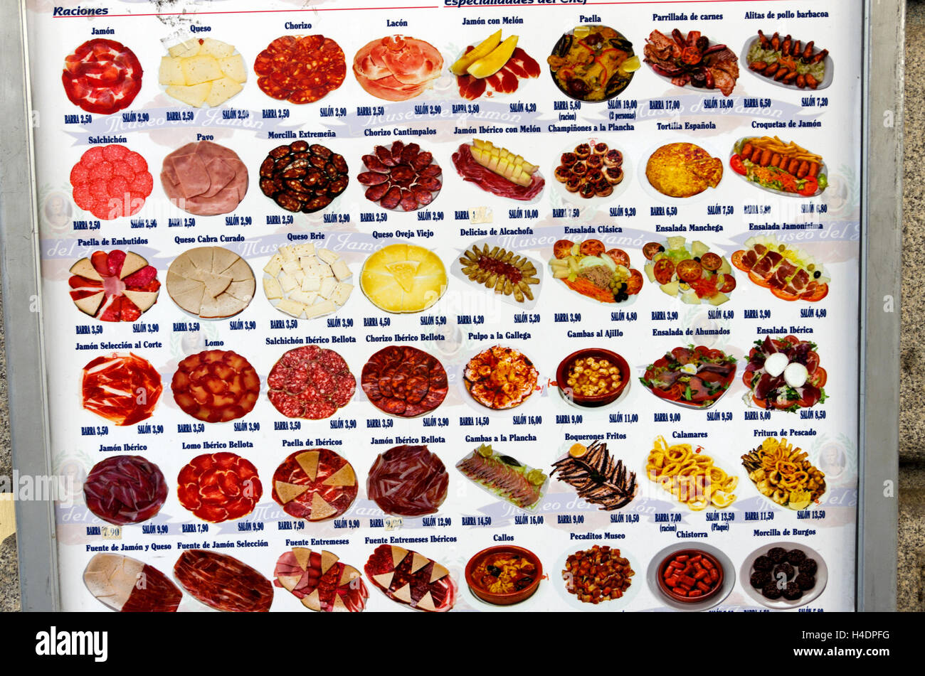 Menu display board showing all the tapas available at the bar-restaurant. Stock Photo