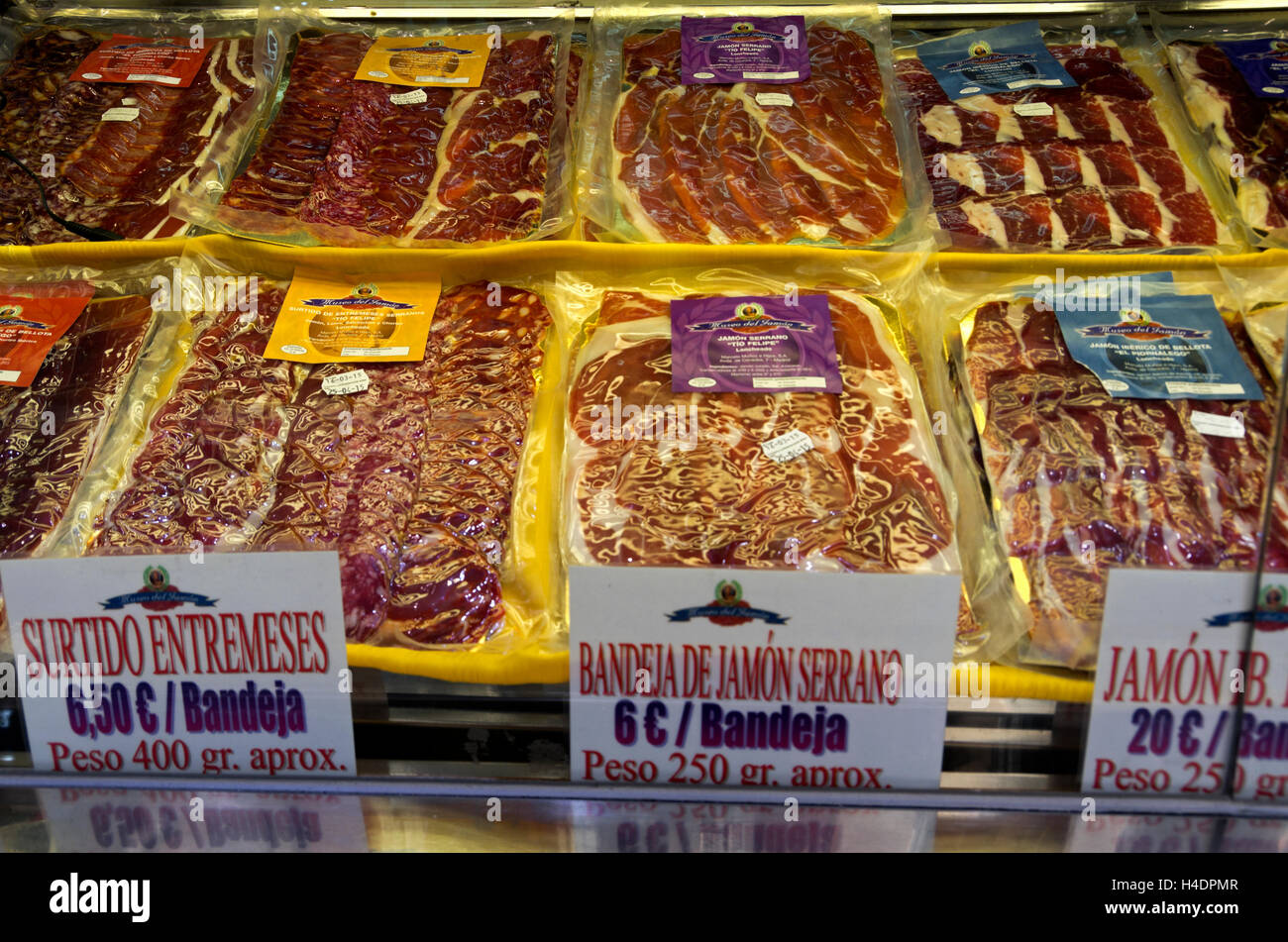 Displays of famous Spanish ham in packets for sale. Stock Photo