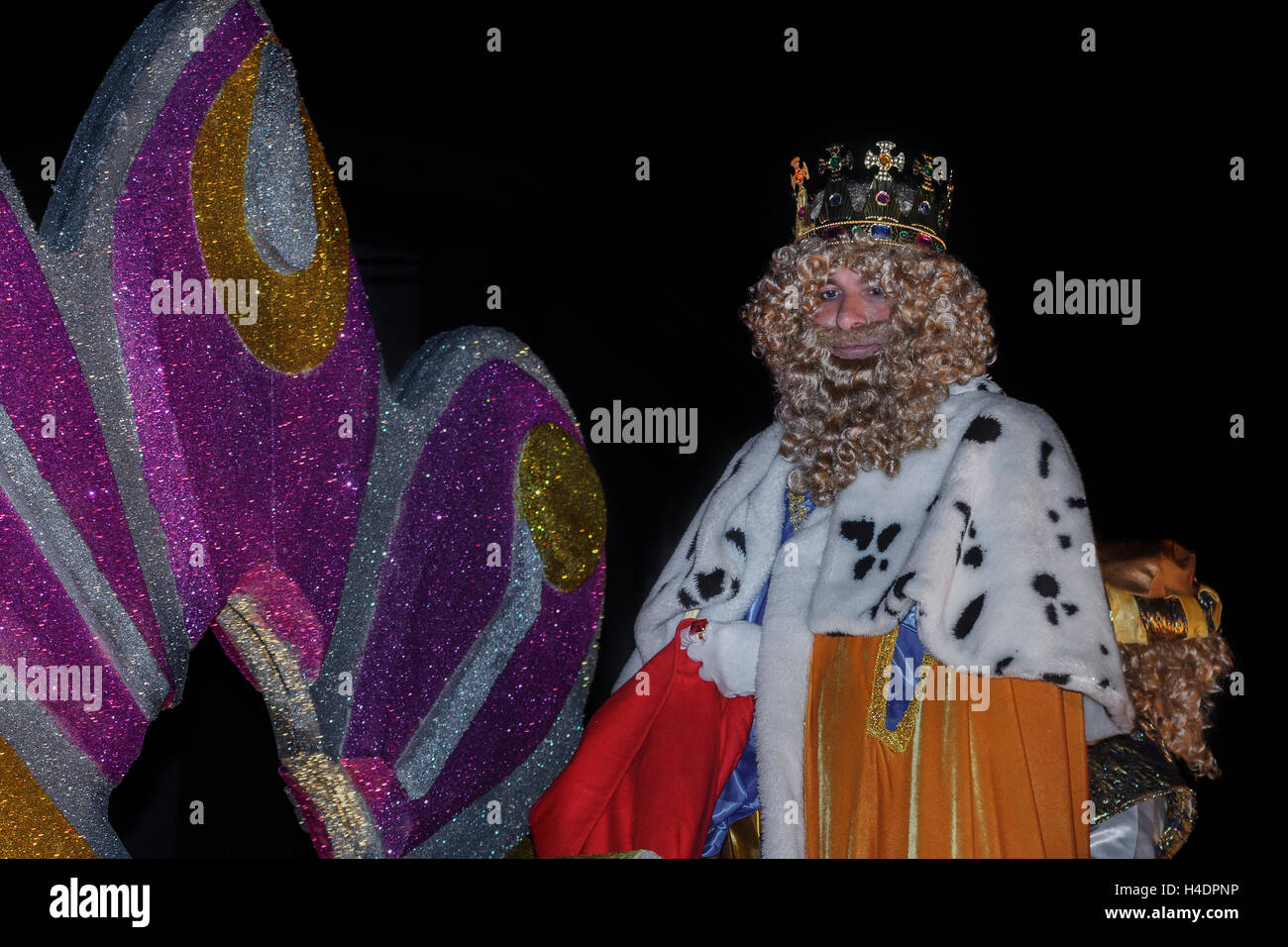 Gaspar, Rey Magu chariot,  the Kings Parade in the town of Laredo in Cantabria, Spain, Europe Stock Photo