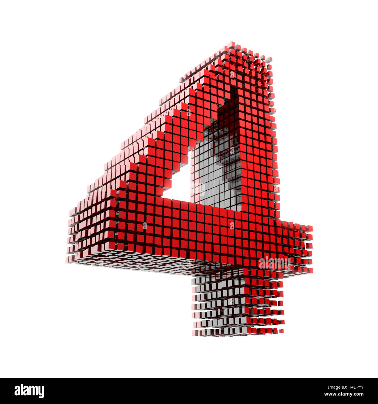 3D-digit Four in red material fragments digitally in front of white Hntergrund Stock Photo