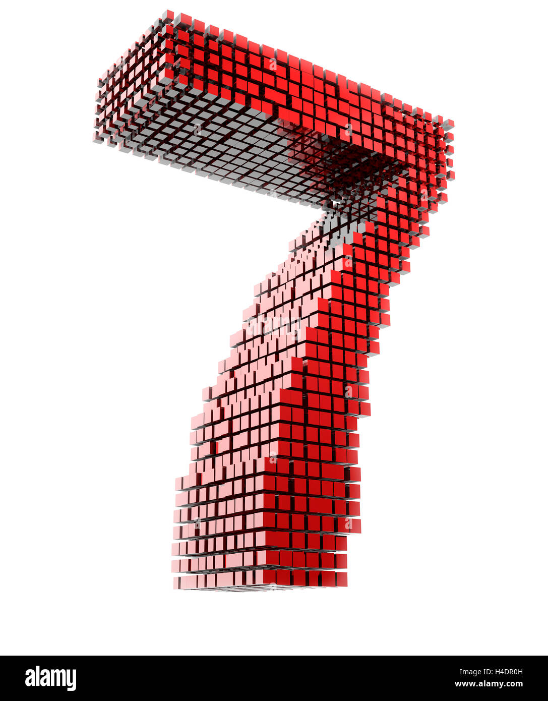 3D-digit seven in red material fragments digitally in front of white Hntergrund Stock Photo