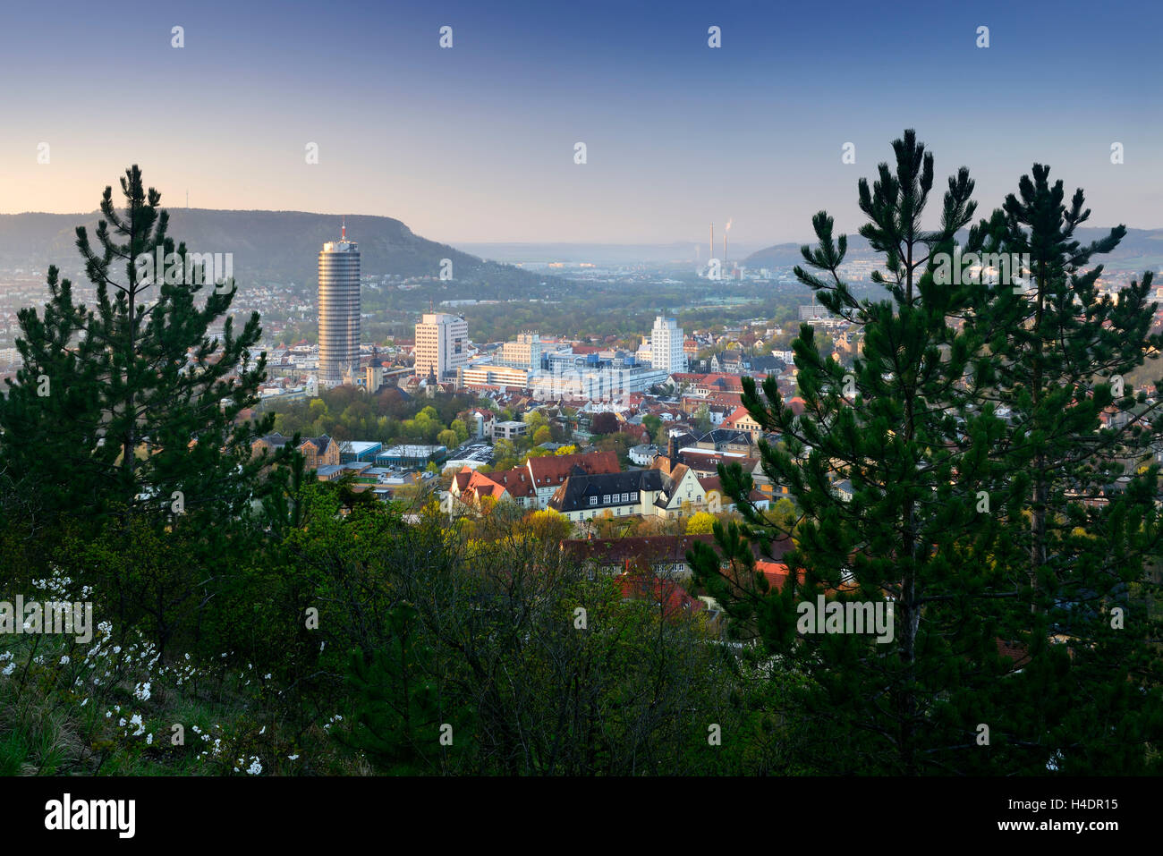 Germany, Thuringia, Jena, town view Jena in the hall valley with JenTower, campus Ernst's priest space the Friedrich's shimmer university, Kalksteinhänge, sunrise, morning light, spring Stock Photo