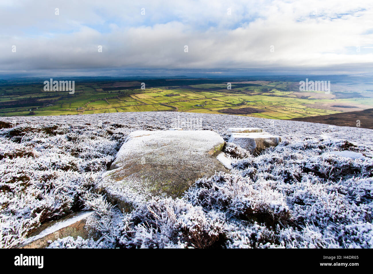 Frozen heather, grass and ice covered rock on the fell top, looking over towards the green valley floor in the Lake District Stock Photo