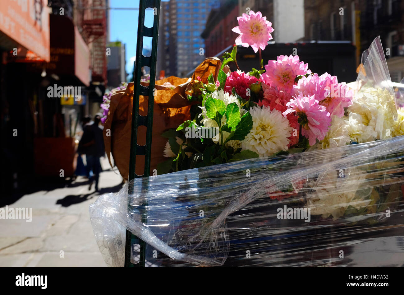 Fresh flowers for sale on the sidewalk at Flower District. Manhattan,New York City,USA Stock