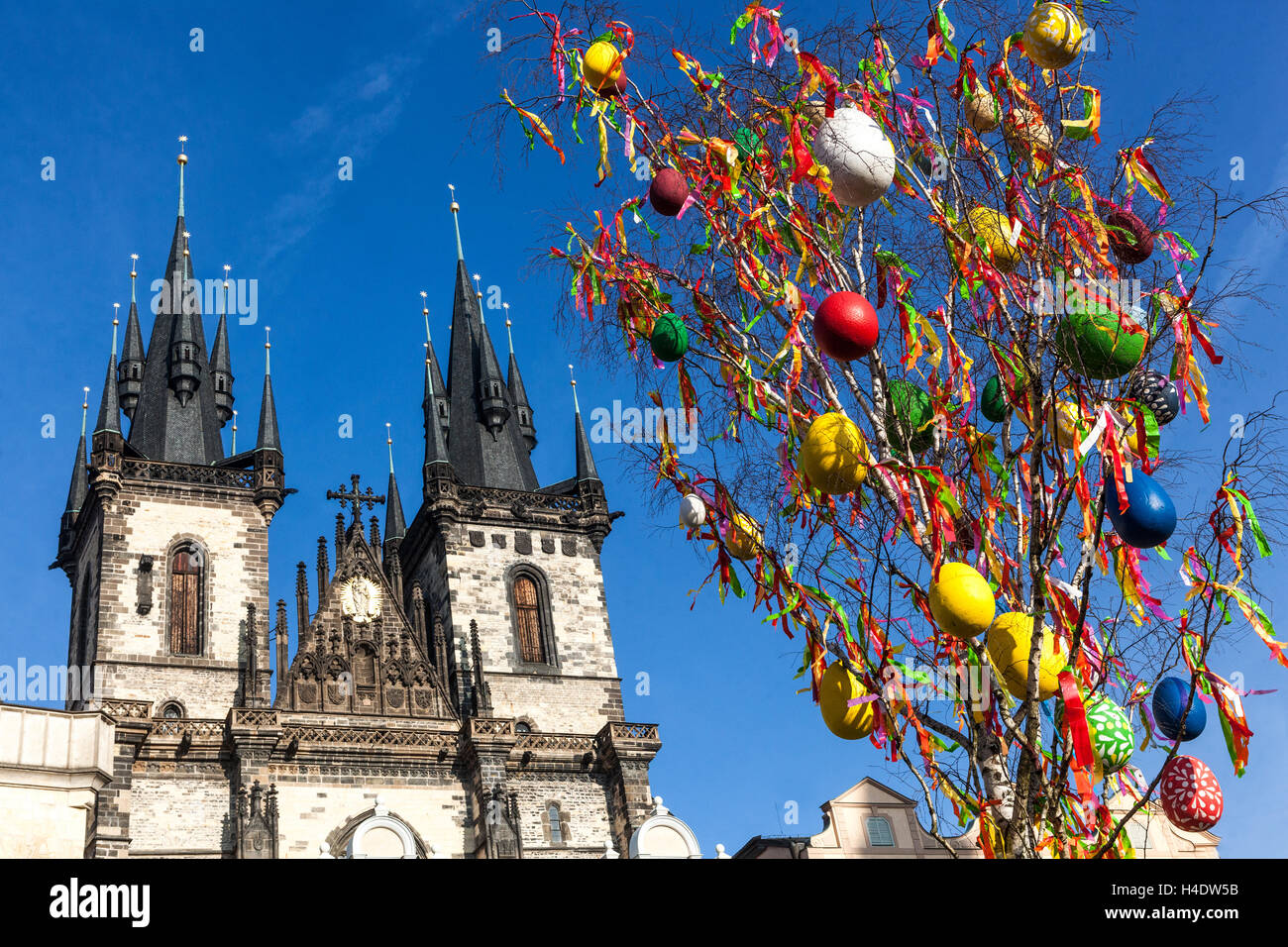 Prague Easter Tree Prague Spring Hanging Eggs on Branches Prague Old Town Square Prague Czech Republic Europe Easter Traditional Decoration Outside Stock Photo