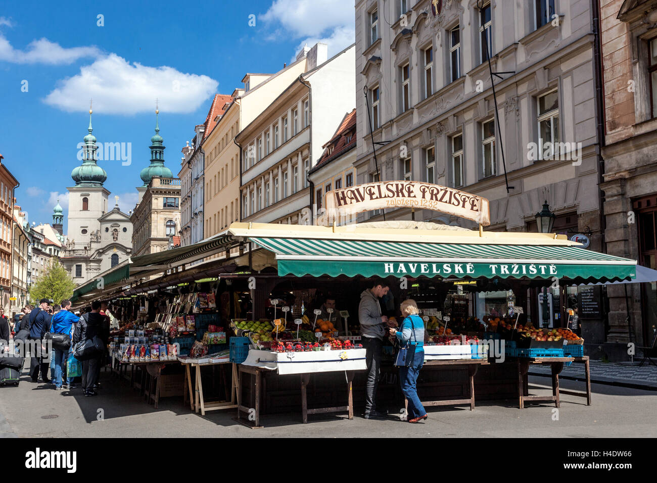 Prague market Marketplace and stalls at Havelske Trziste Square, Old Town Prague, Czech Republic Stock Photo