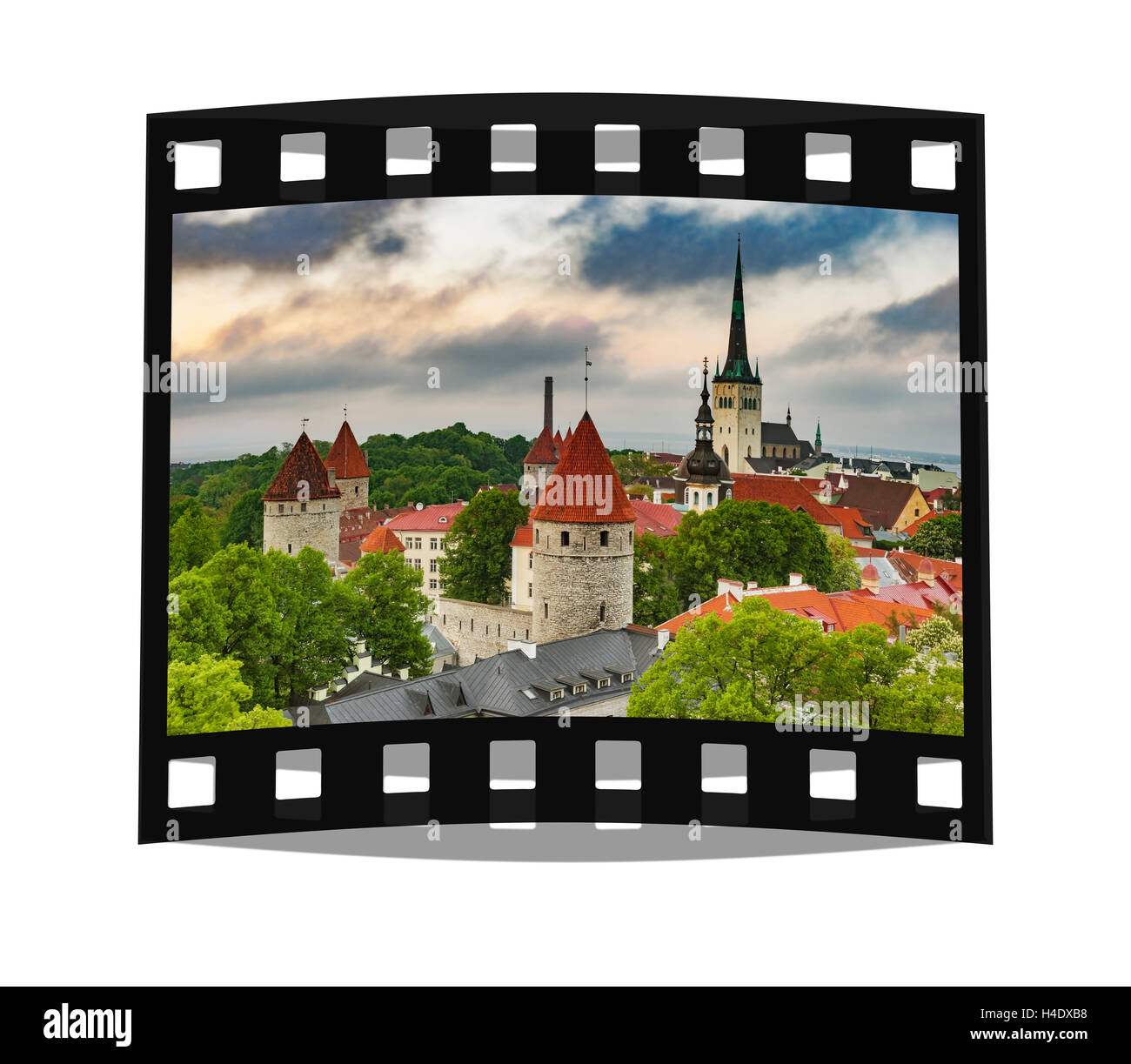 View over Tallinn to the city wall and the St. Olavs Church (Oleviste kirik), Tallinn, Estonia, Baltic States, Europe Stock Photo