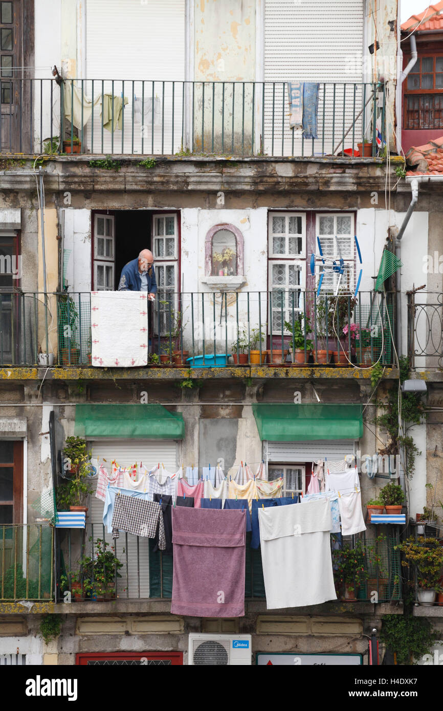 Old Town fourth, old house facade with balconies and clotheslines, postage, district postage, Portugal, Europe Stock Photo