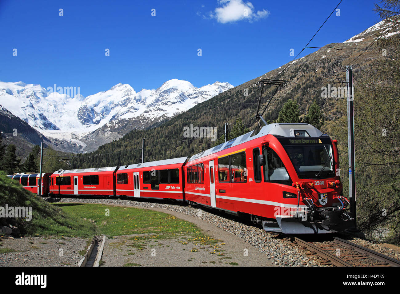 Rhaetian Railway in the Bernina land cape, Switherland, Canton to grey bundles, UNESCO World Heritage Stock Photo