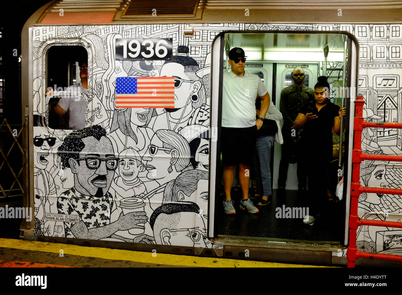 Cartoon drawing covered Q line subway car at Times Square 42   York  Stock Photo - Alamy