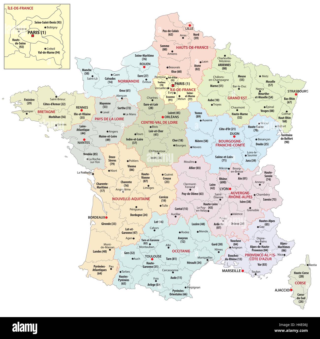 Administrative map of the 13 regions of france since 2016 Stock Vector