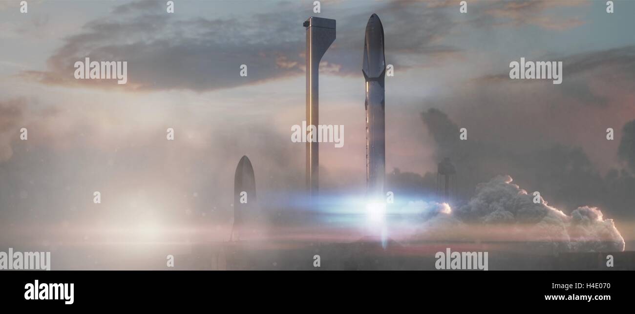 Artists concept illustration of the SpaceX Interplanetary Transport System launch vehicle departing Kennedy Space Center, with an ITS tanker standing by (at left) for a rapid launch. The reusable ITS will help humanity establish a permanent, self-sustaining colony on the Red Planet within the next 50 to 100 years. Stock Photo