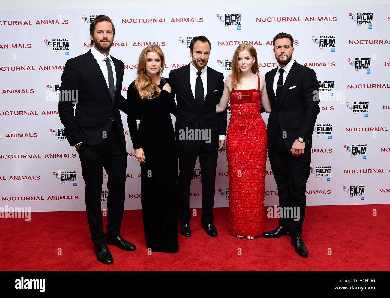 left to right) Armie Hammer, Amy Adams, Tom Ford, Ellie Bamber and Aaron  Taylor-Johnson attending the 60th BFI London Film Festival screening of  Nocturnal Animals held at Odeon Cinema in Leicester Square,