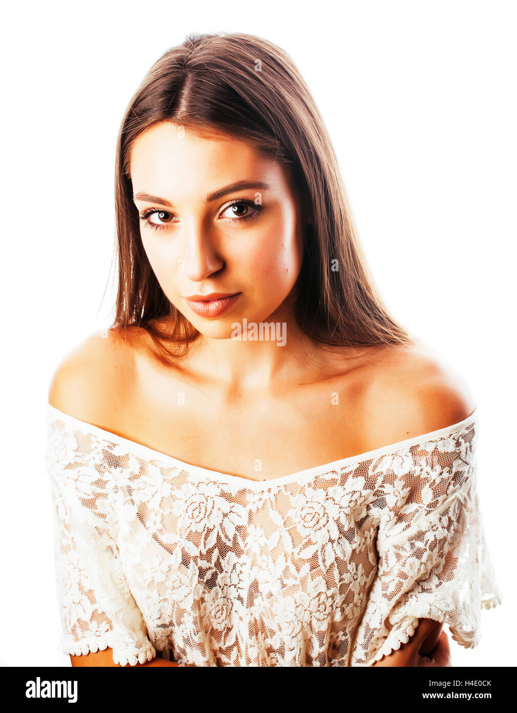 young beauty woman smiling dreaming isolated on white close up e Stock ...