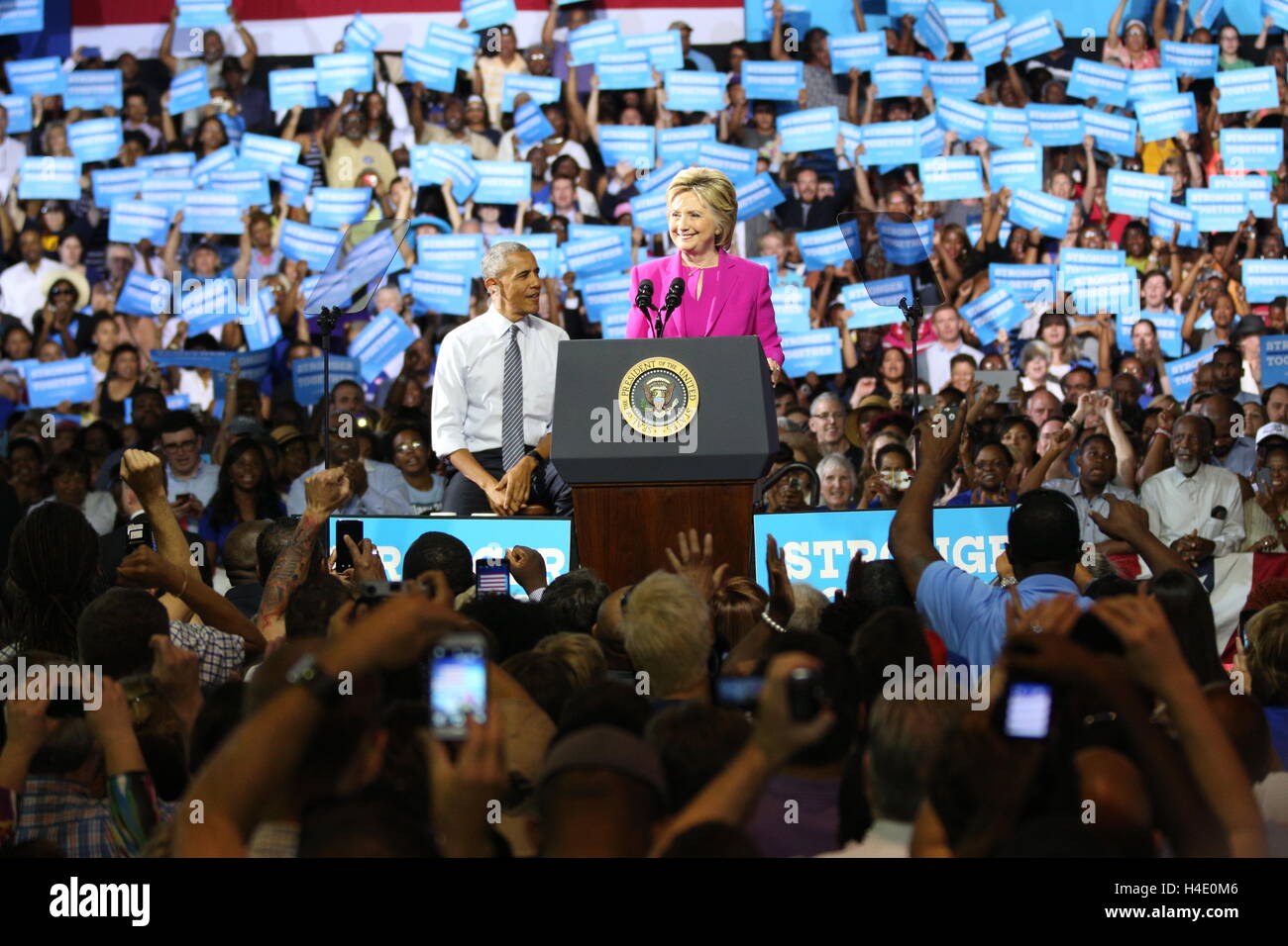 Presidential candidate Hillary Diane Rodham Clinton campaigns in Charlotte, NC at the Charlotte Convention Center on July 5th, 2016 with President Barack Obama standing nearby showing support. Stock Photo