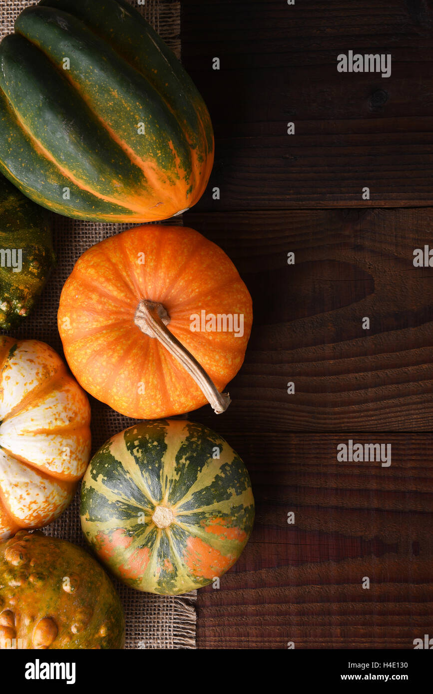 Autumn Gourds and decorative pumpkins on dark wood table. Stock Photo