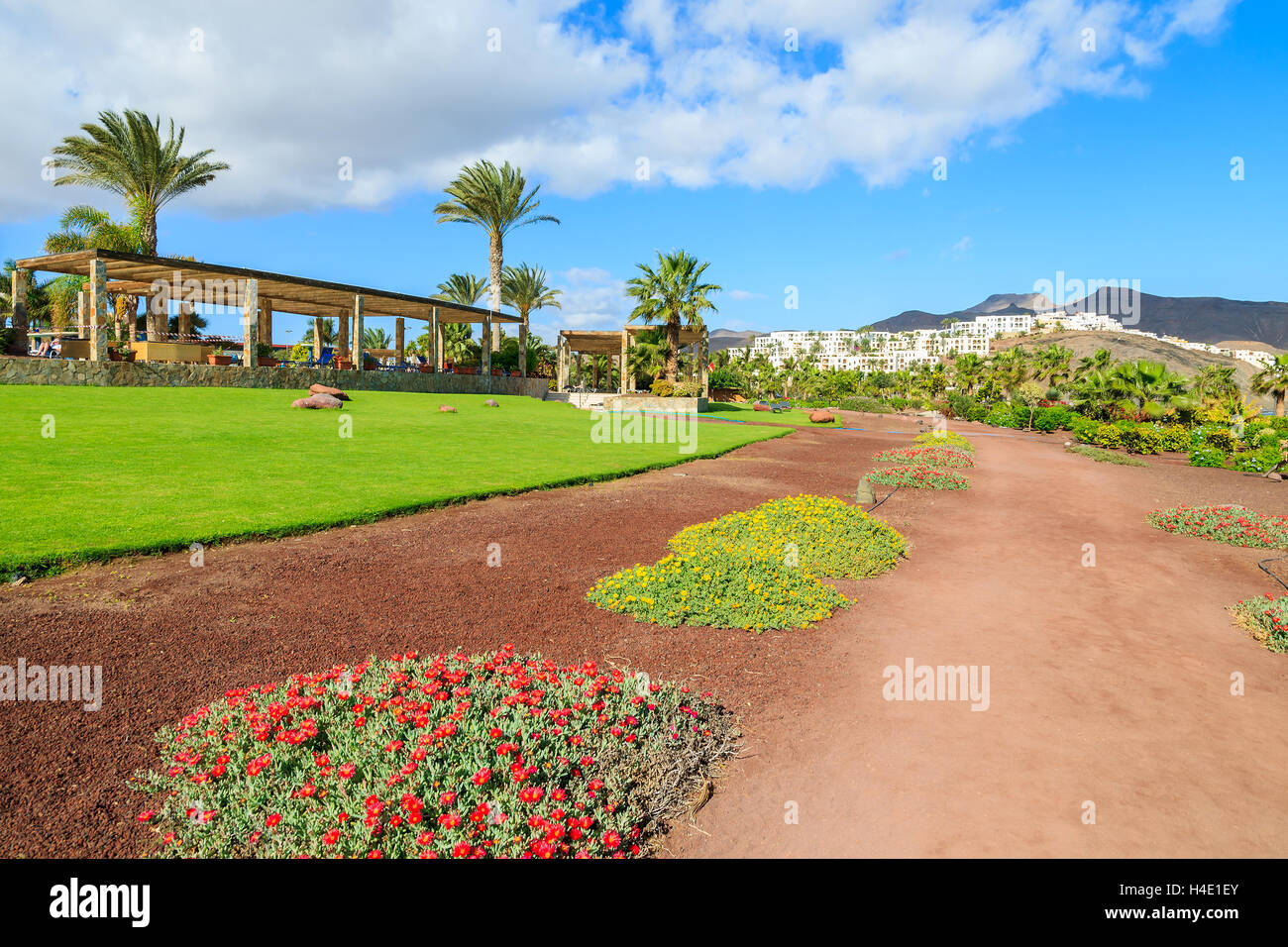 LAS PLAYITAS, FUERTEVENTURA - FEB 7, 2014: beautiful hotel gardens on coast of Fuerteventura island. Canary Islands are popular holiday destination. Stock Photo