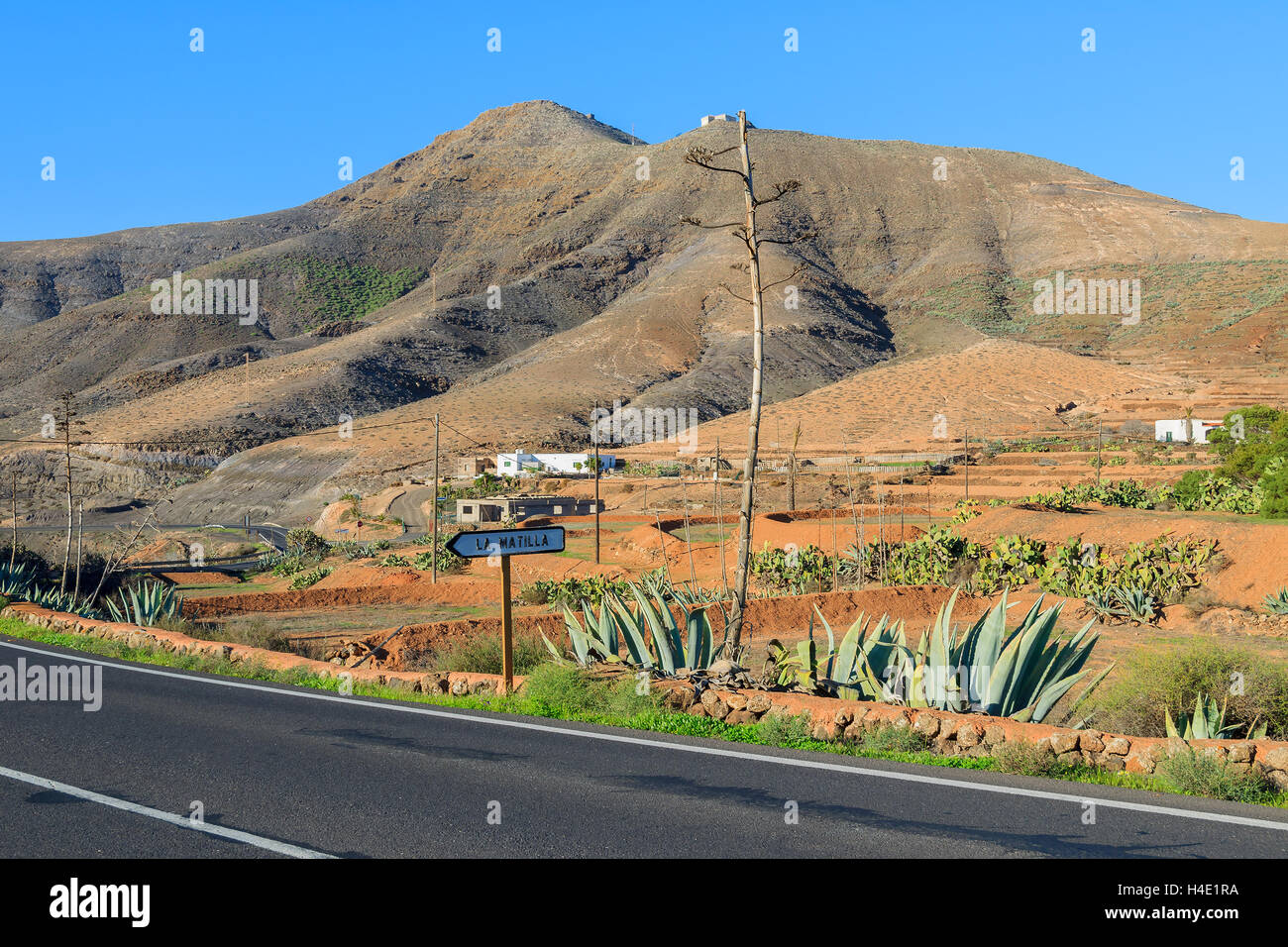 Road and farming fields in rural area of Tefia village, Fuerteventura, Canary Islands, Spain Stock Photo