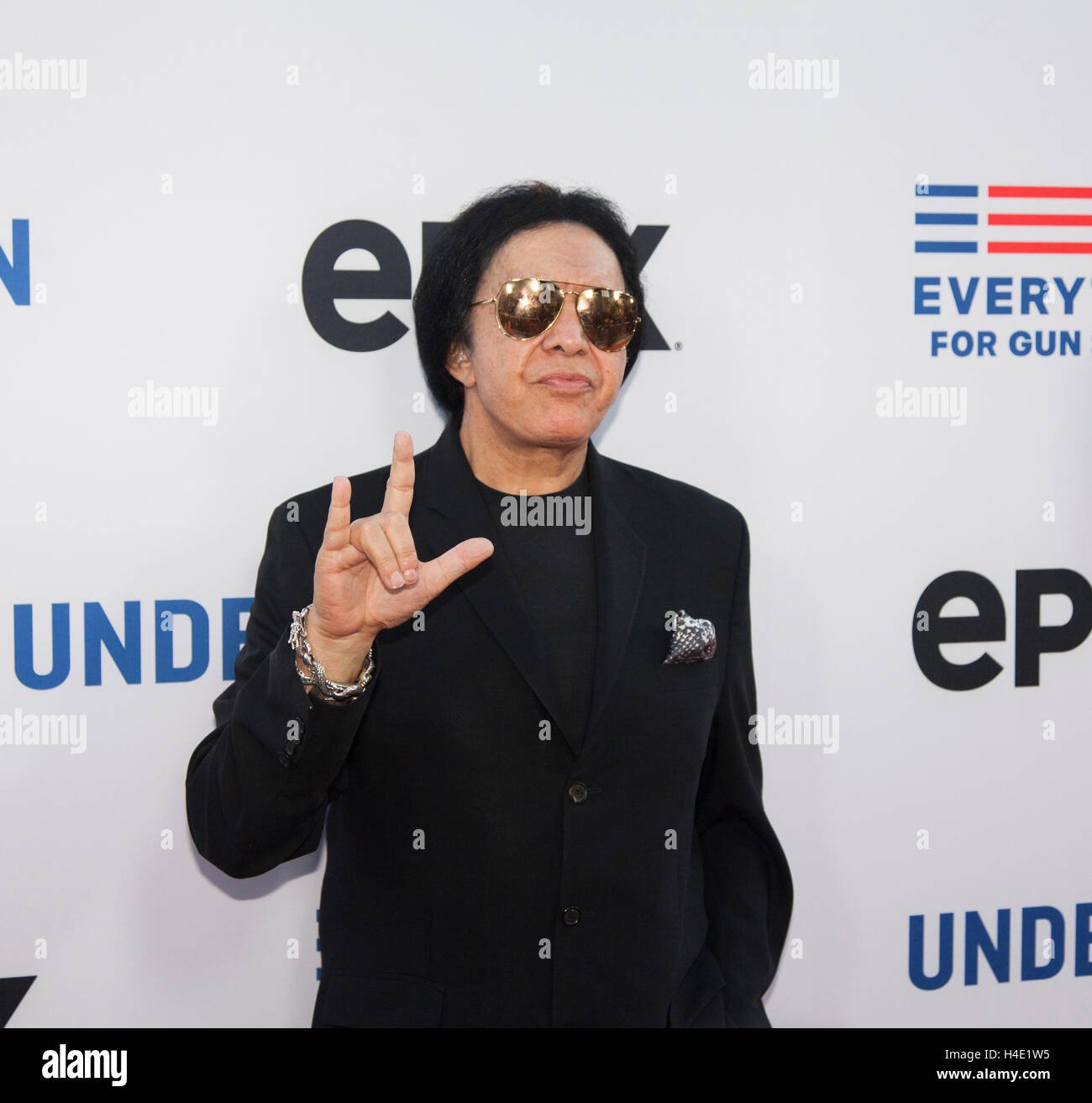 Gene Simmons arrives at the Academy of Motion Picture Arts and Sciences for the premiere of 'Under the Gun' on Epix Stock Photo
