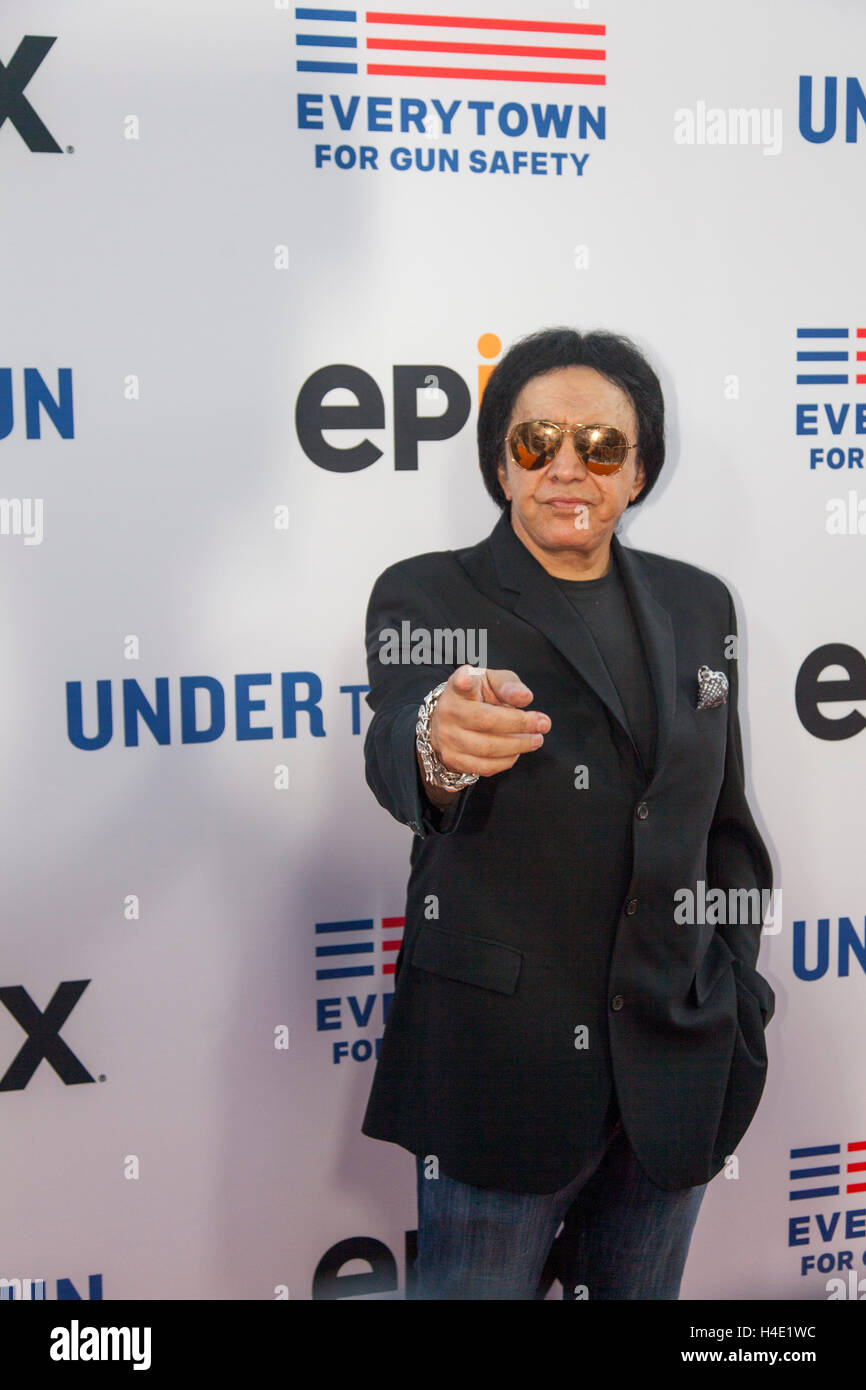 Gene Simmons arrives at the Academy of Motion Picture Arts and Sciences for the premiere of 'Under the Gun' on Epix. Stock Photo