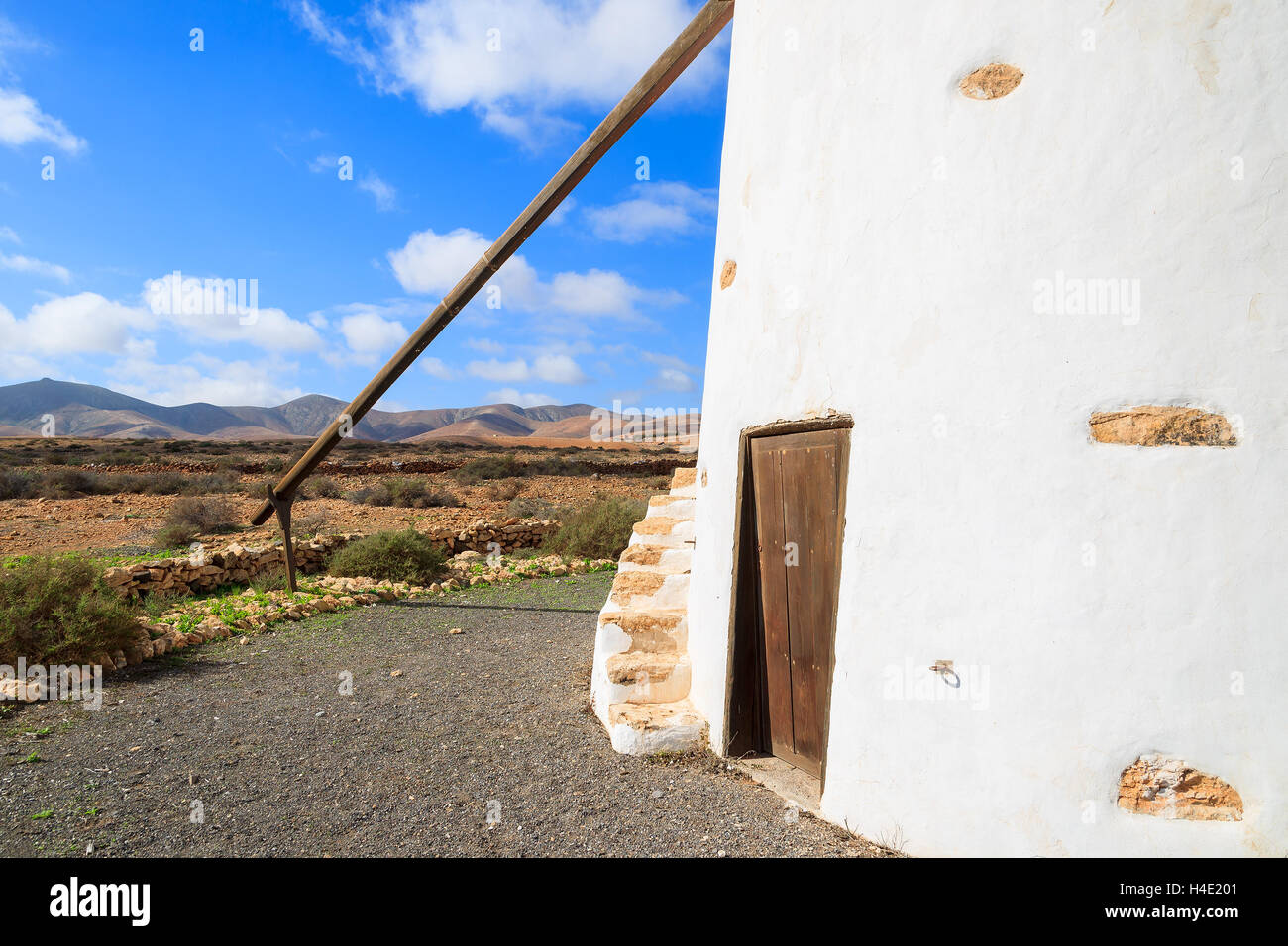 Entrance to old windmill in countryside landscape of Llanos de la Concepcion village, Fuerteventura, Canary Islands, Spain Stock Photo