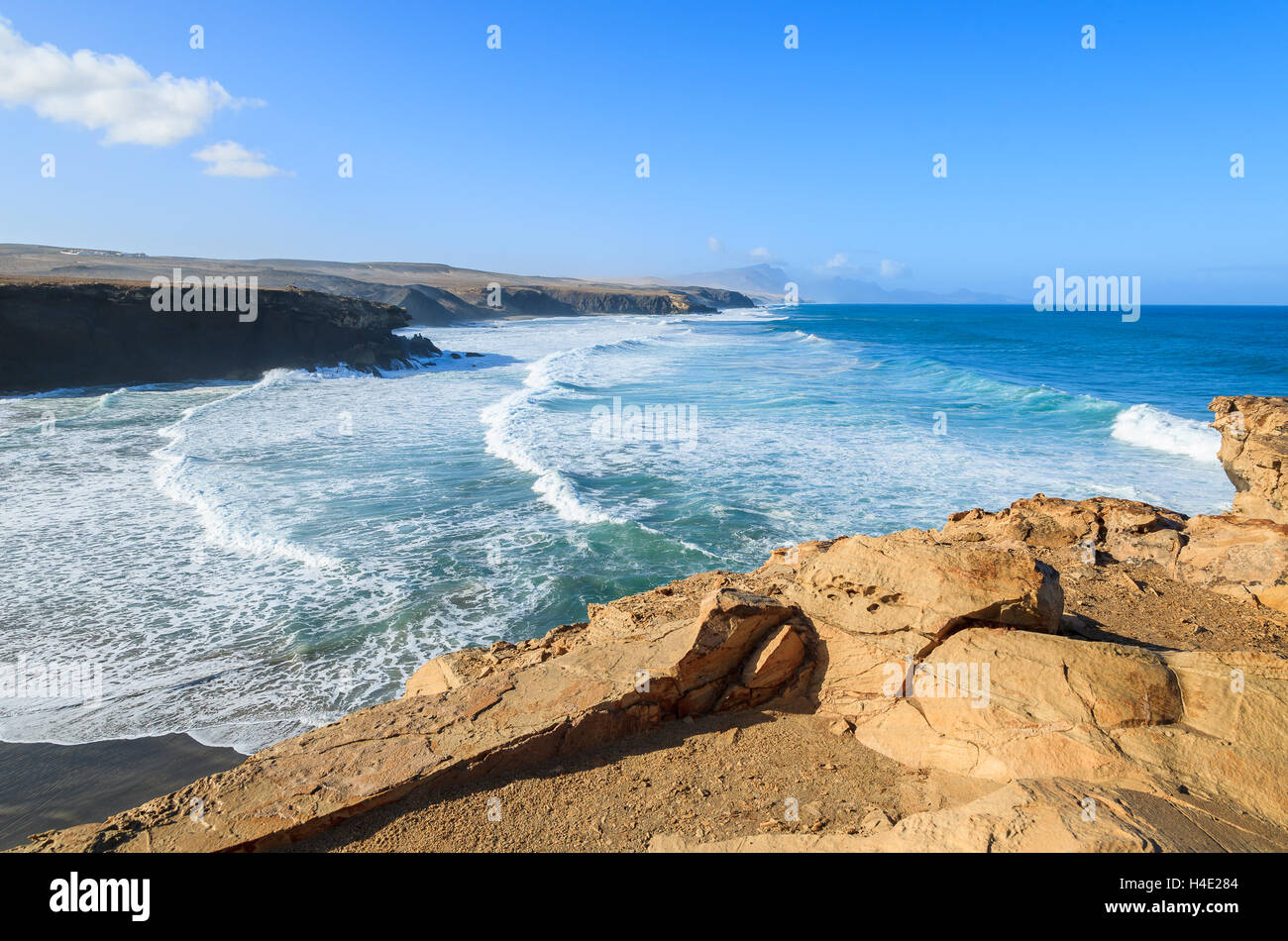 Beautiful bay and black sand volcanic beach in La Pared, Fuerteventura, Canary Islands, Spain Stock Photo