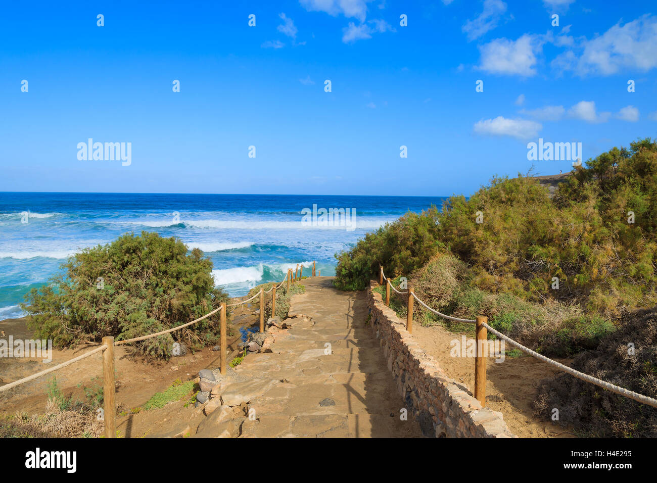Path to La Pared beach and beautiful bay on western coast of Fuerteventura, Canary Islands, Spain Stock Photo