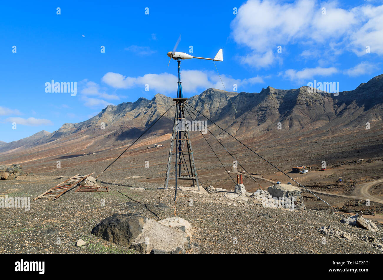 Windmill at Cofete beach for electricity generation, Fuerteventura, Canary Islands, Spain Stock Photo