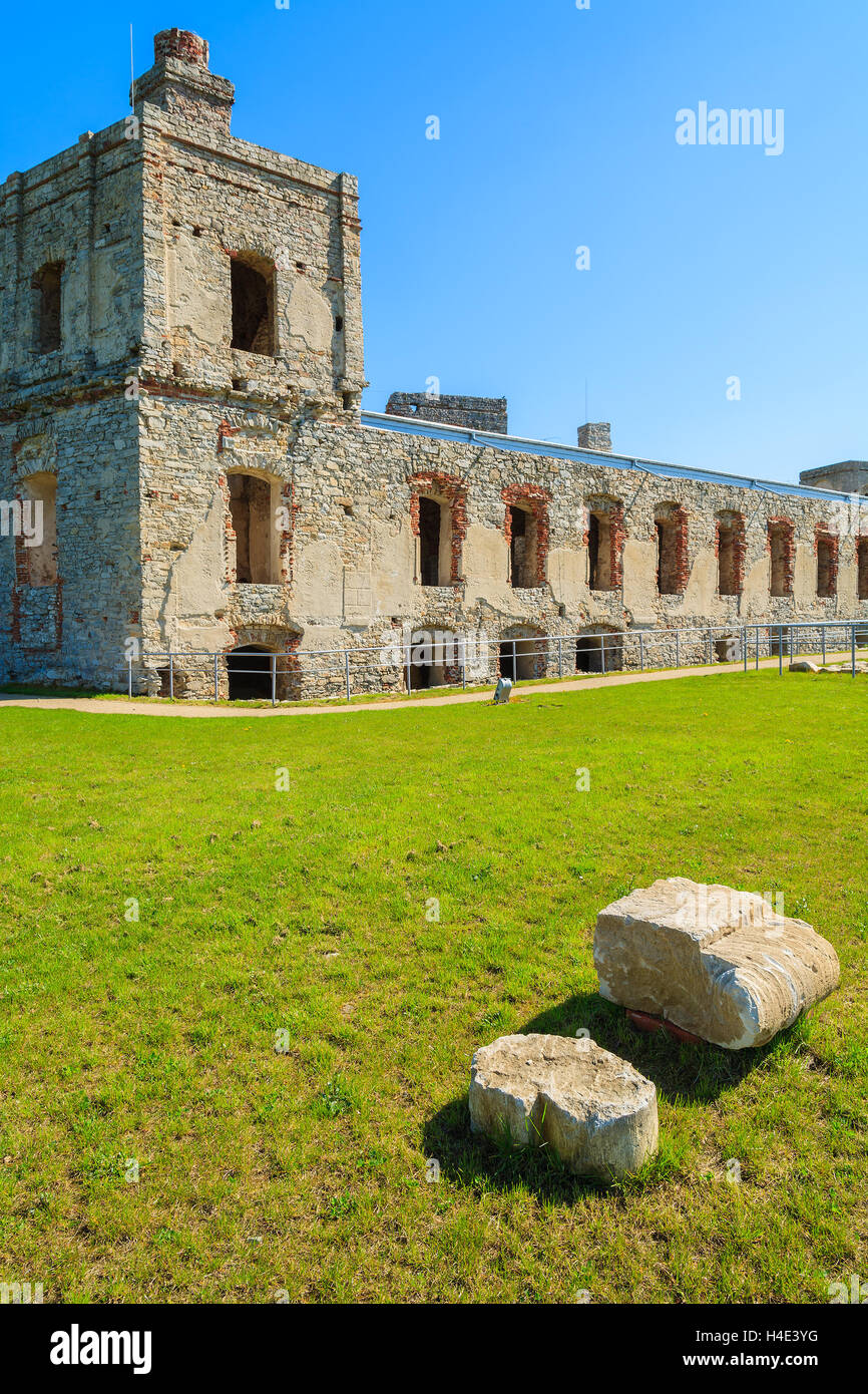 Tower of medieval castle Krzyztopor against blue sunny sky, Ujazd