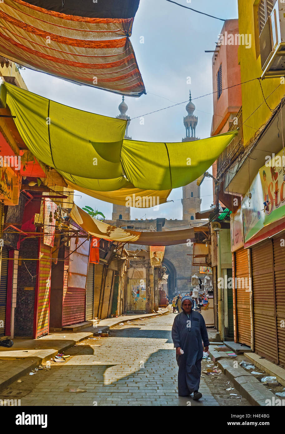 The merchants of Al-Muizz street market use colorful cloth to make the sunshades over the stalls, Cairo Egypt Stock Photo