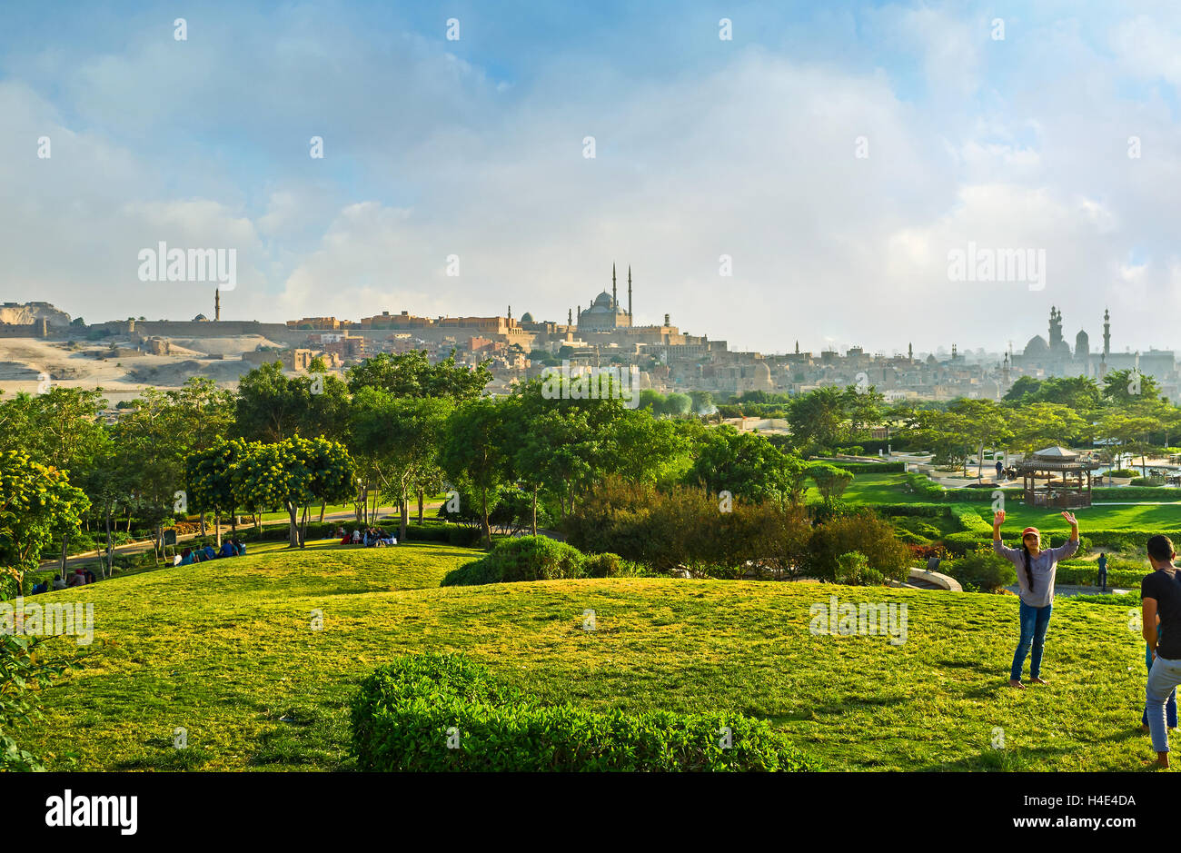 The Al-Azhar Park is the best place to relax and enjoy the fresh air, overlooking the main landmarks of Cairo from its hills Stock Photo