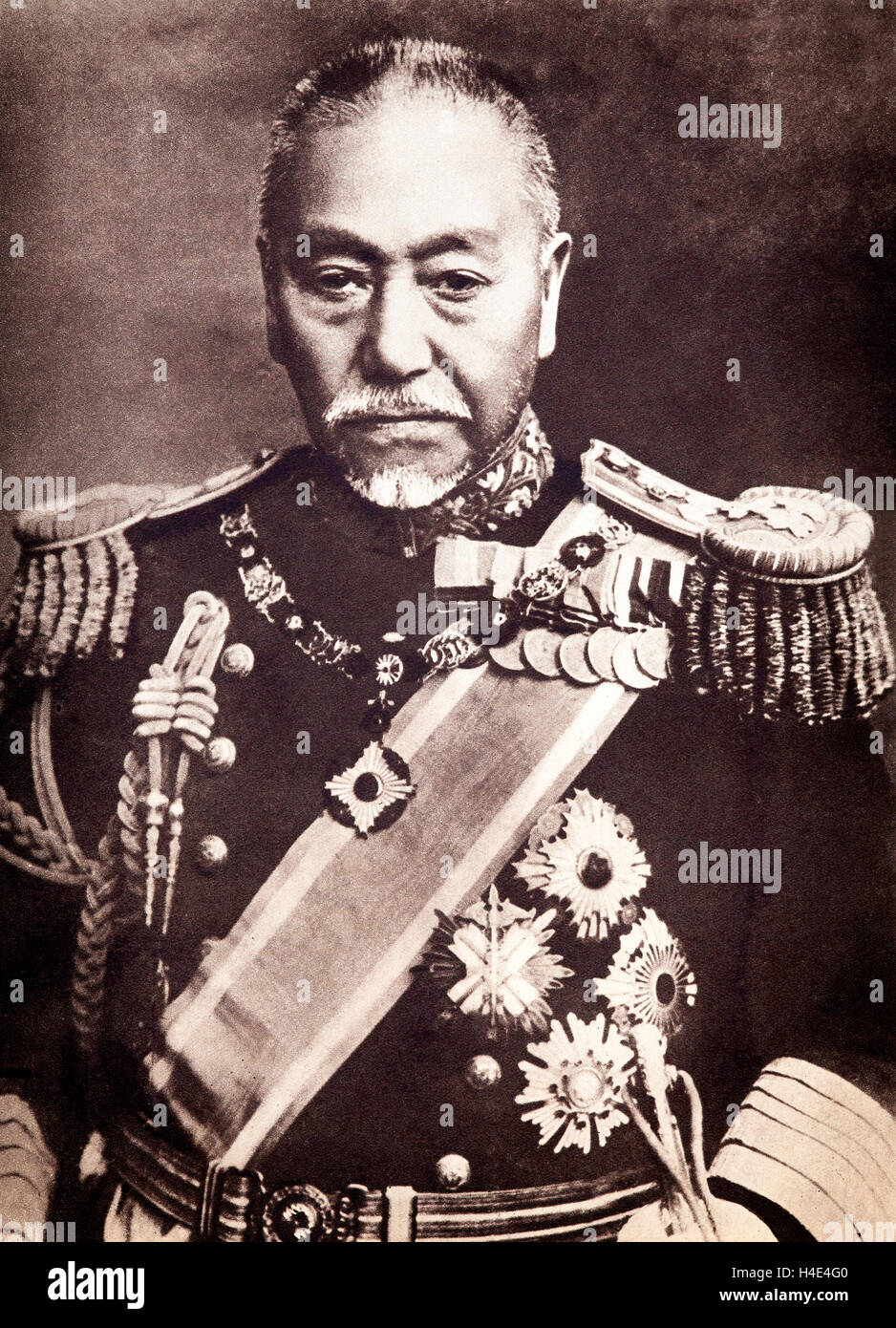 Marshal-Admiral Marquis Tōgō Heihachirō,  (1848 – 1934), was a gensui or admiral of the fleet in the Imperial Japanese Navy and one of Japan's greatest naval heroes.  During the Russo-Japanese War, Tōgō engaged the Russian navy at Port Arthur, or  Lüshun Port in China and the Yellow Sea in 190,. He commanded the Japanese naval forces at the destruction of the Imperial Russian Navy's Baltic Fleet at the Battle of Tsushima in May 1905. Stock Photo