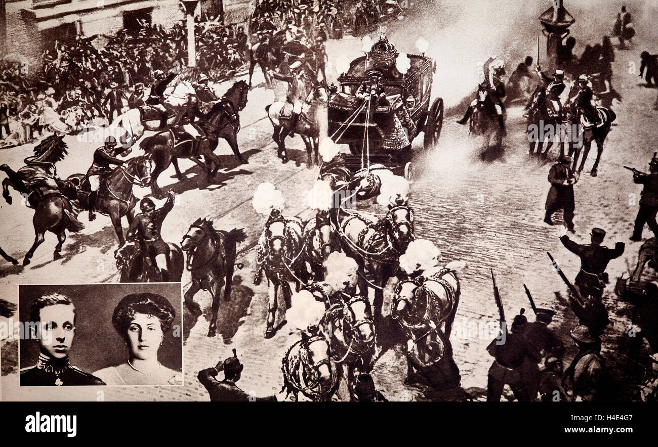 An assassination attempt on King Alphonso XIII of Spain and his wife, Princess Victoria in Madrid, Spain on 31st May 1906. Stock Photo