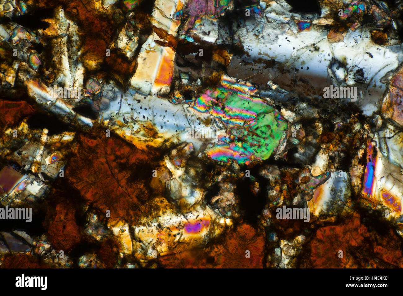 Plagioclase-Dolerite, Tedeswell Dale, Derbyshire, UK. Polarized photomicrograph Stock Photo