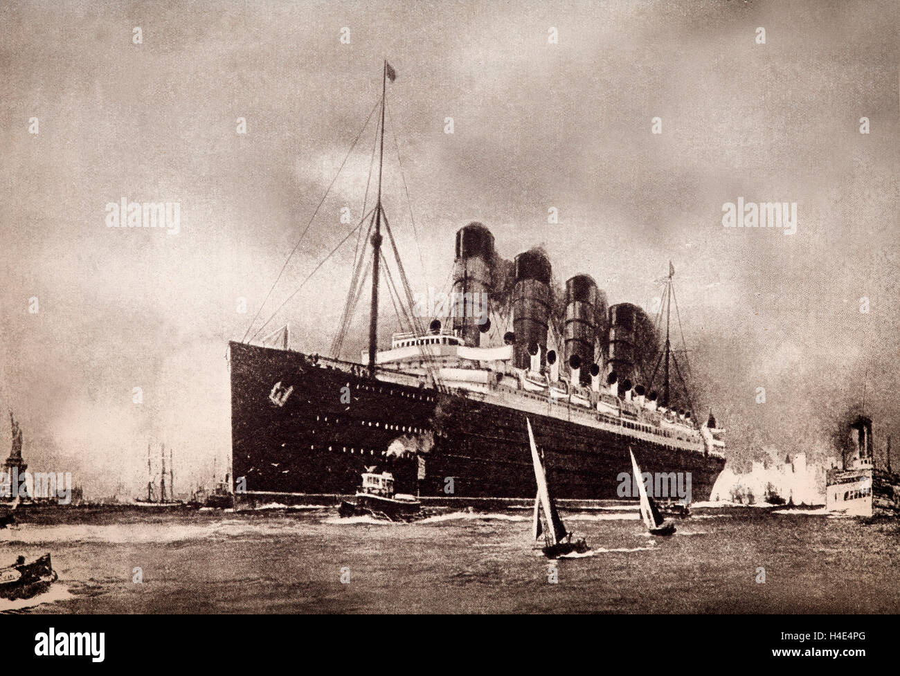 The Cunard liner RMS Lusitania was briefly the world's largest passenger ship. It was sunk by a German submarine off the south Irish coast on 7th May, 1915, causing a major diplomatic uproar that did much to bring the USA into the war. Stock Photo