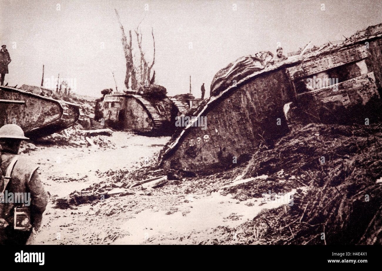 Tanks smashed by bombardment during the big German push in March 1918. It drove the allies back to the Marne. In fifteen days  and resulted in the loss of 90,000 allied prisoners and 1,200 guns. Stock Photo