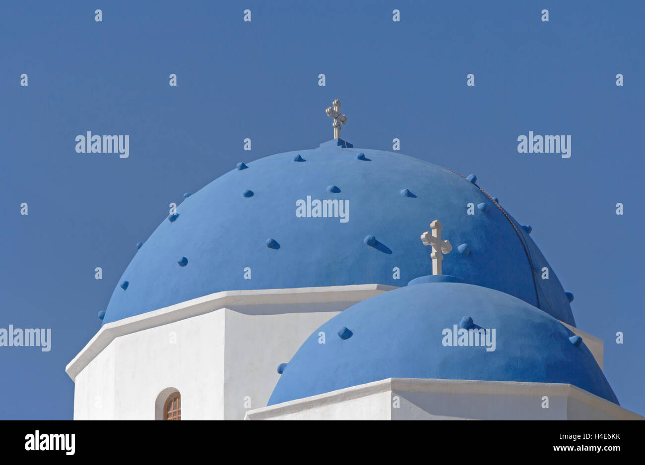 two domes of church of Holy Cross in Perissa on Santorini Stock Photo