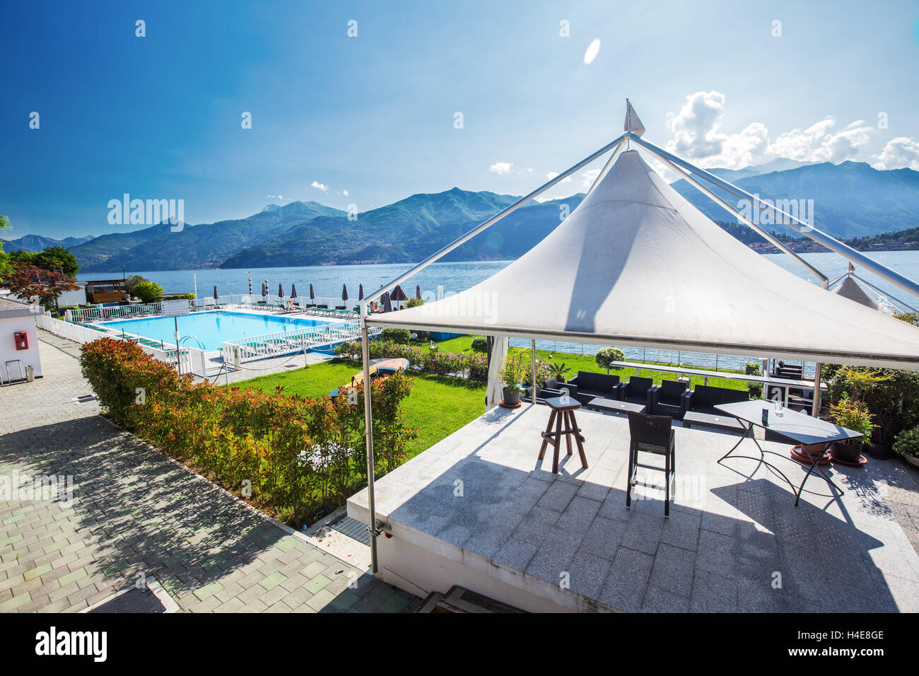 Beautiful view to outer pool, lake Como and Italien Alps. Stock Photo