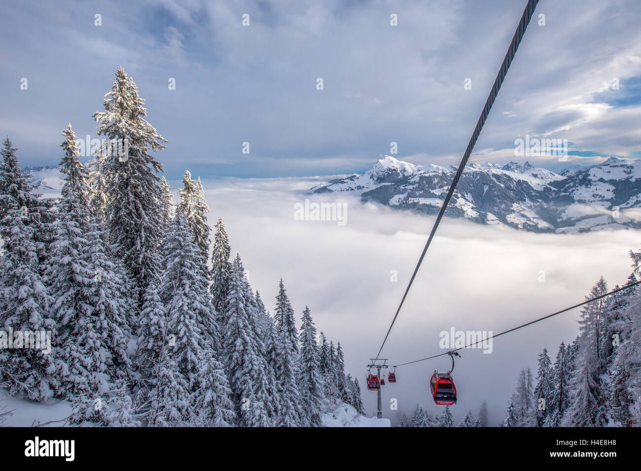 Cable car leading to Hahnenkamm in Kitzbuhel ski resort, Tyrol, Austria Stock Photo