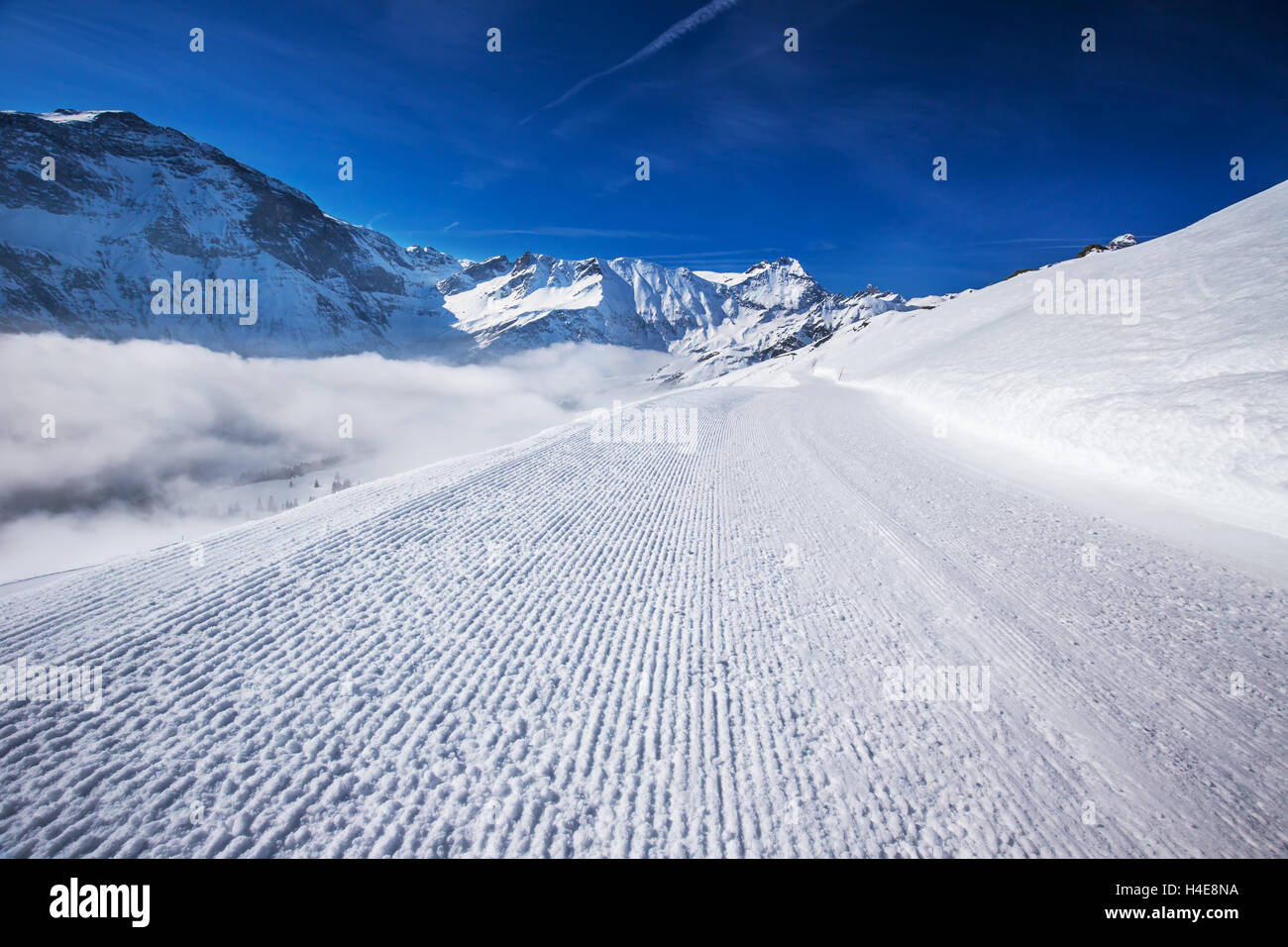 View to Ski slopes with the corduroy pattern in Elm ski resort, Swiss Alps, Switzerland Stock Photo