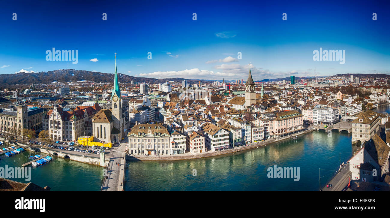 View of historic Zurich city center with famous Grossmunster Church and Limmat river, Switzerland Stock Photo