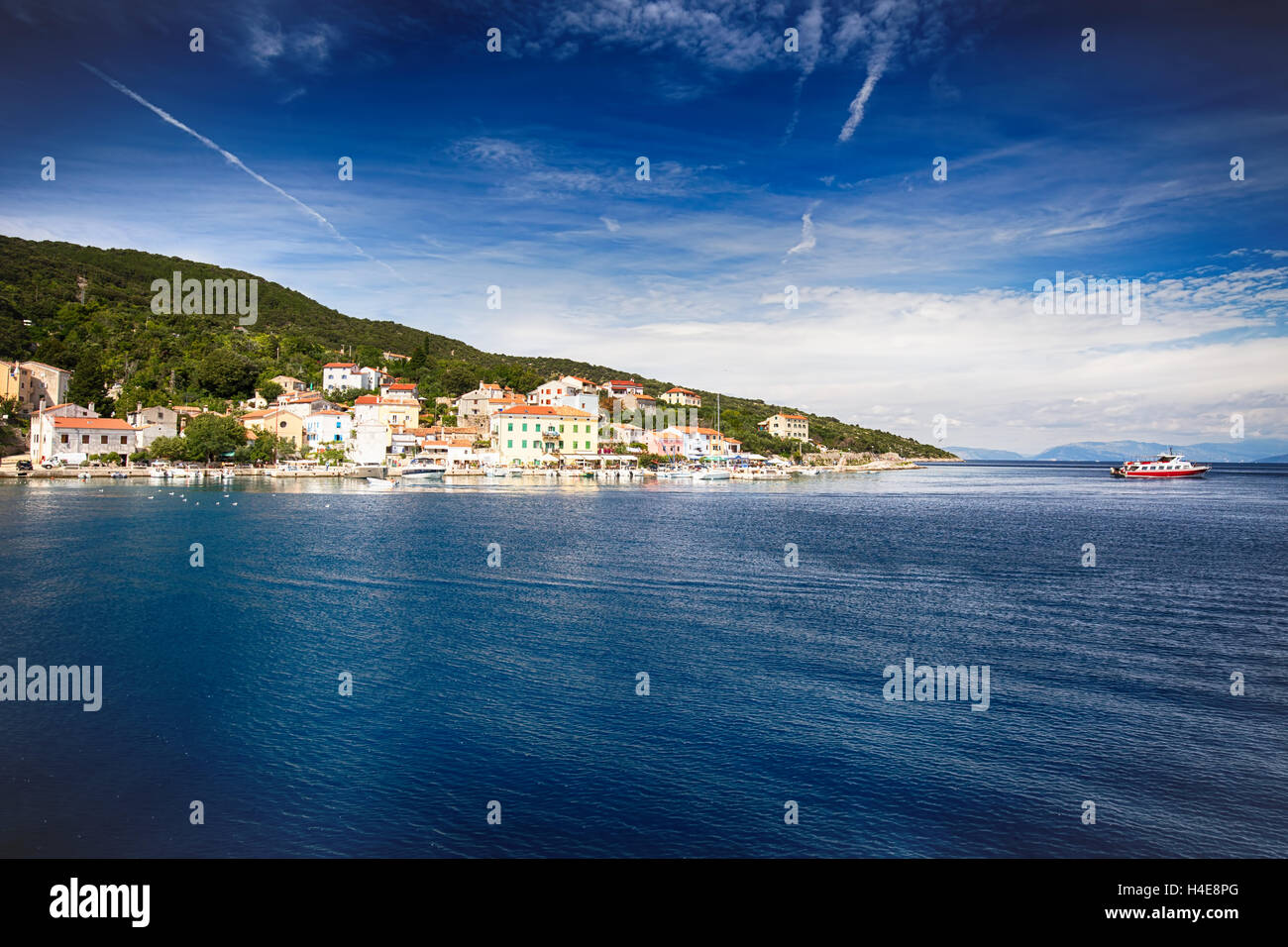 View to the village Valun with harbor and boats, Cres island, Croatia Stock Photo