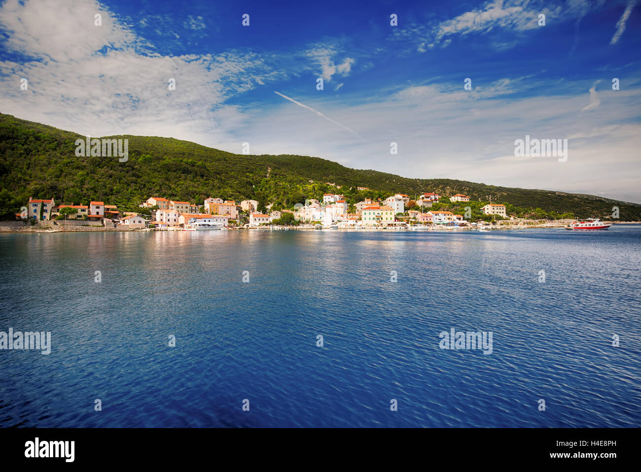 View to the village Valun with harbor and boats, Cres island, Croatia Stock Photo
