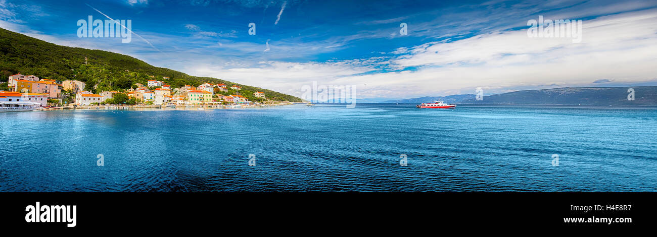 Panorama view to the village Valun with harbor and boats, Cres island, Croatia Stock Photo