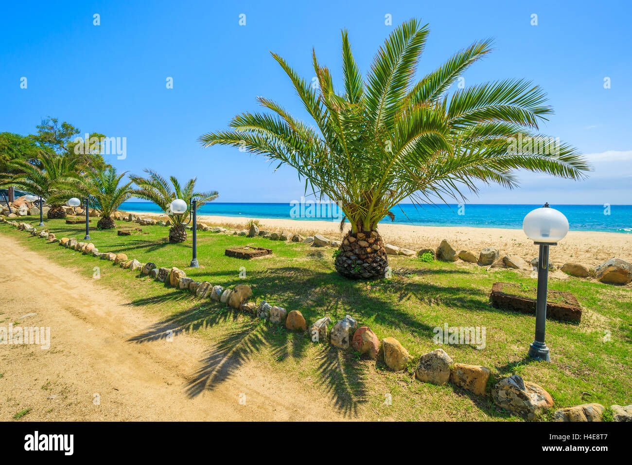Coastal promenade with palm trees along a beach, Cala Sinzias, Sardinia island, Italy Stock Photo