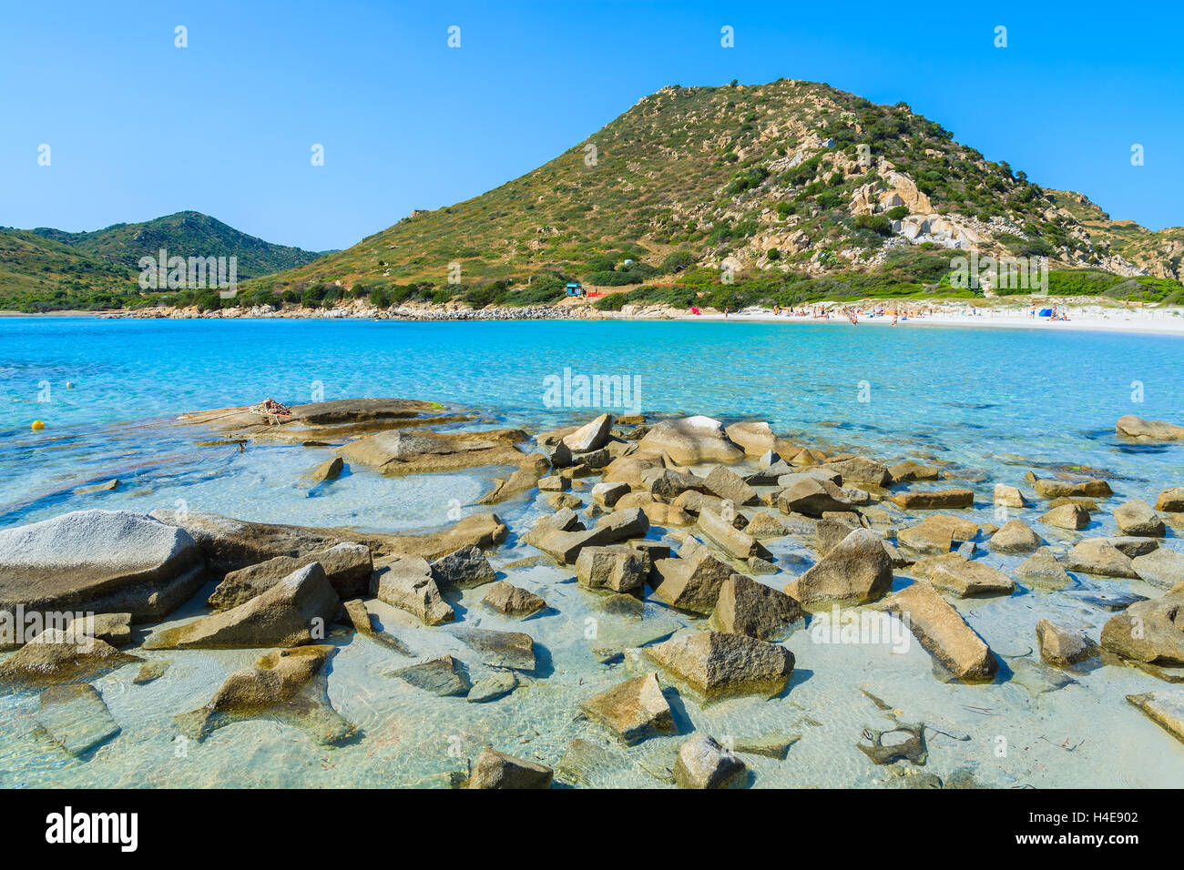 Stones in Punta Molentis bay and beach view, Sardinia island, Italy Stock Photo