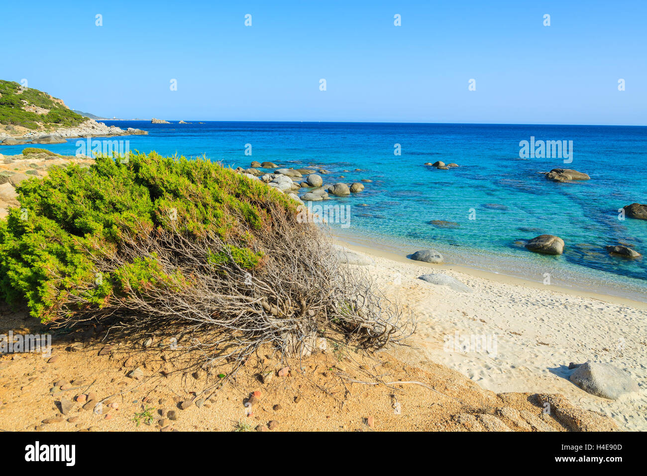 Green plants and beautiful azure sea water of Porto Sa Ruxi beach, Sardinia island, Italy Stock Photo