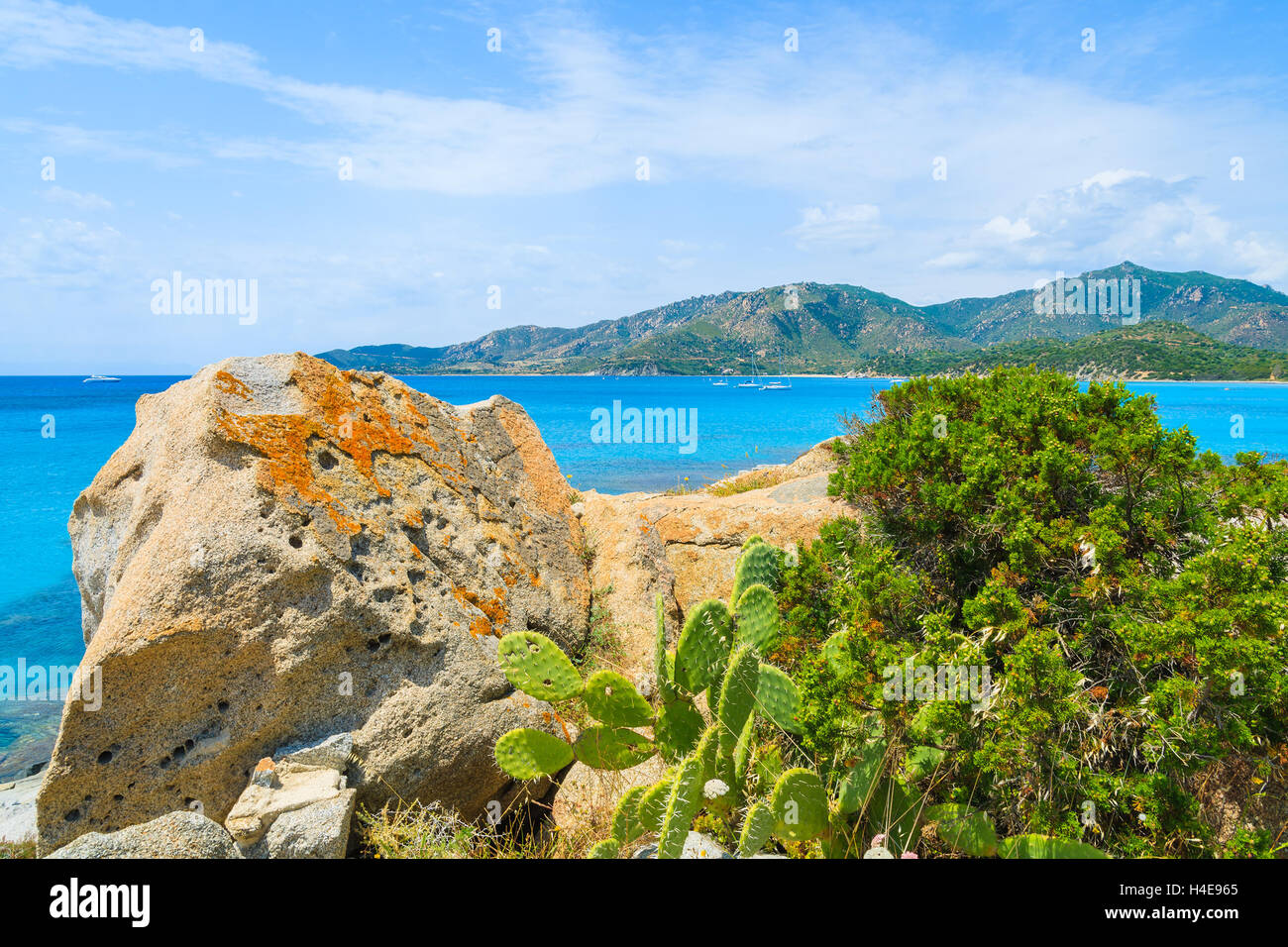 Rocks and green plants near Spiaggia del Riso beach, Sardinia island, Italy Stock Photo