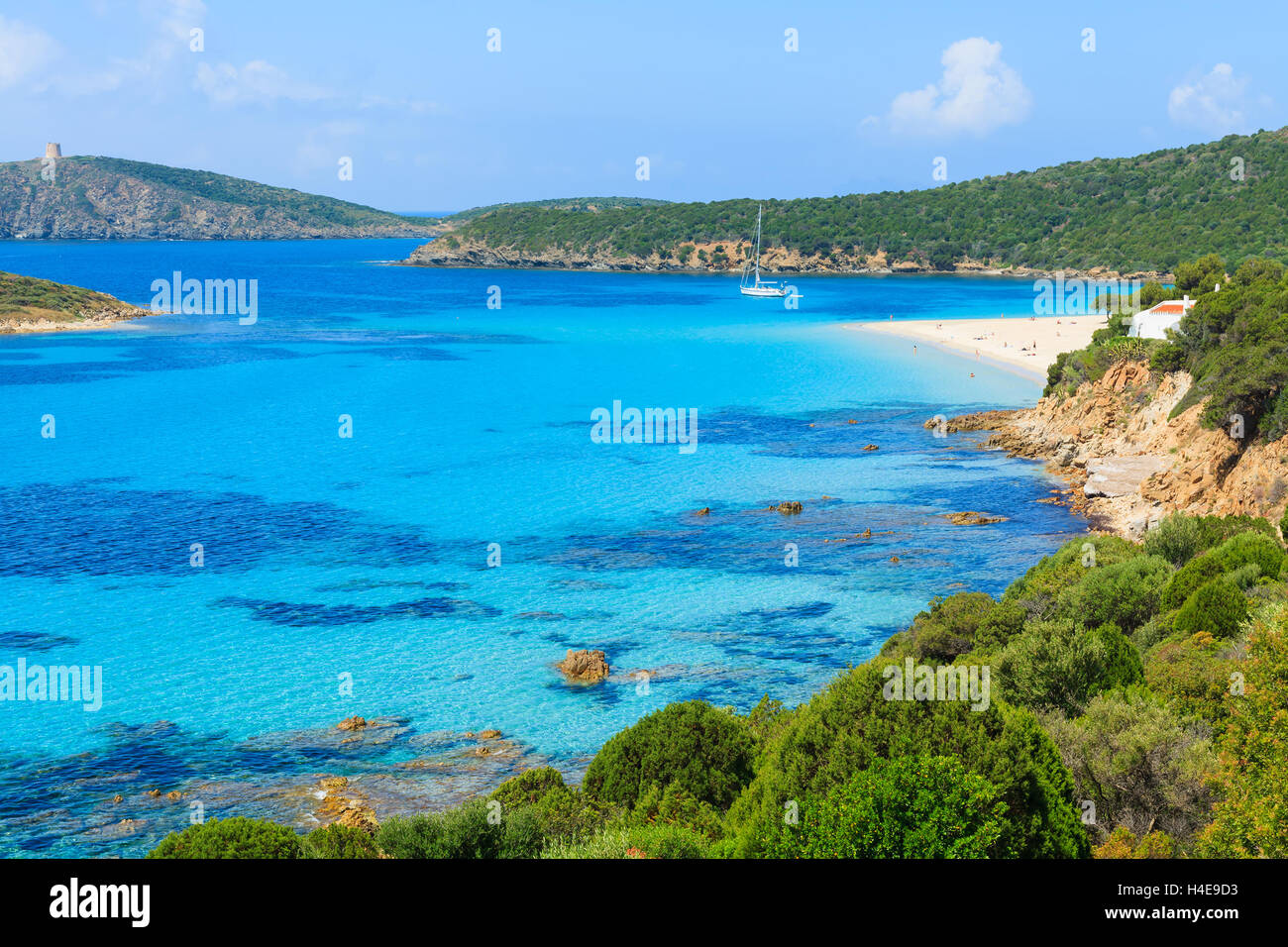 Beautiful bay with sandy Teulada lagoon beach, Sardinia island, Italy Stock Photo