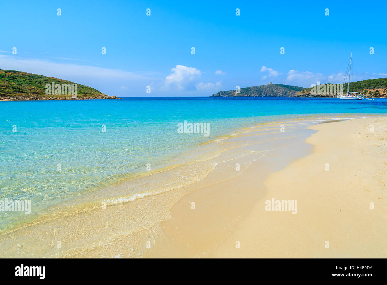 Sand and turquoise sea water of beautiful Teuleda beach, Sardinia island, Italy Stock Photo